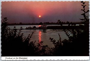 VINTAGE CONTINENTAL SIZED POSTCARD TOWNBOAT ON THE MISSISSIPPI RIVER AT DUSK