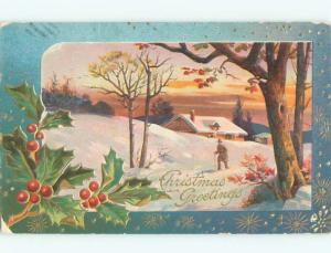 Pre-Linen christmas MAN OUT WALKING IN THE WINTER SCENE k1656