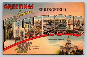 Greetings from ILLINOIS Large Letter Linen Postcard Springfield Capitol Violet