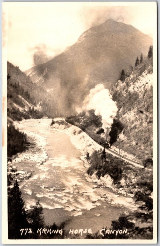 Kicking Horse Canyon Golden Canada Railroad Mountain Real Photo RPPC Postcard