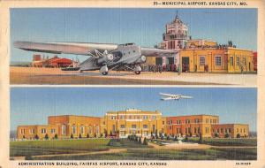 Kansas City Missouri Municipal Airport Multiview Linen Antique Postcard K21769 