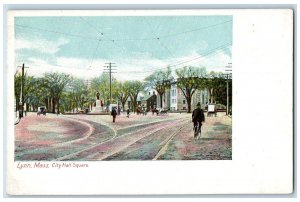 c1905 City Hall Square Railway Horse Carriage Bicycle Monument Lynn MA Postcard