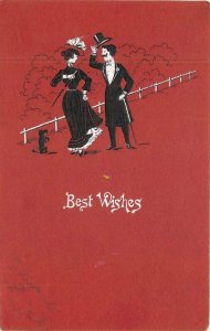 1910 Arts Crafts romance Couple dog Silhouette red Postcard 22-9545