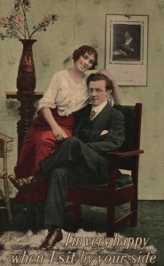 Vintage Postcard 1910's Lover Couple In The Living Rome Very Happy By Her Side