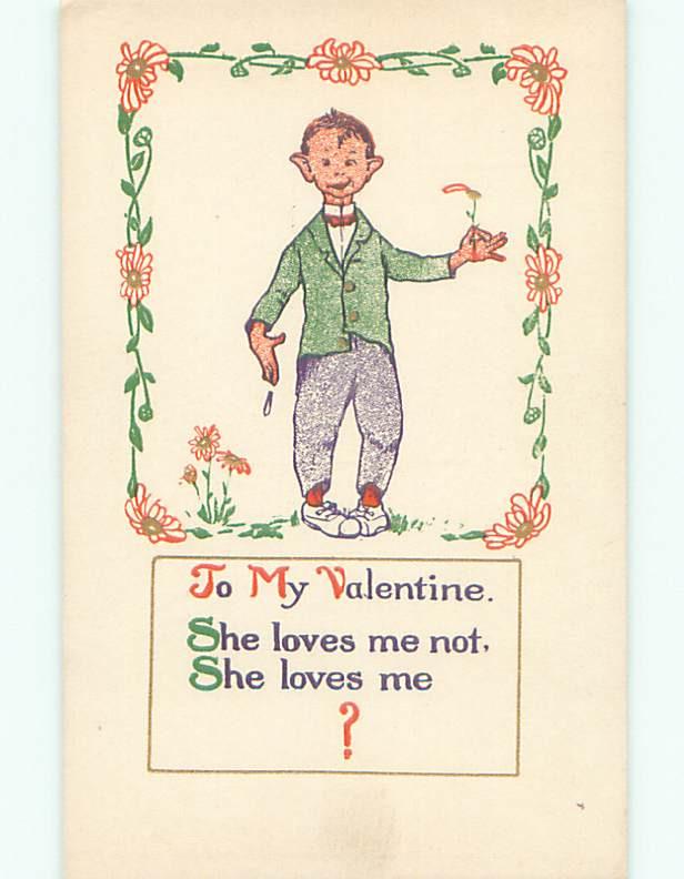 Unused Pre-Linen valentine SHE LOVES ME - SHE LOVES ME NOT - FLOWER GAME k9425