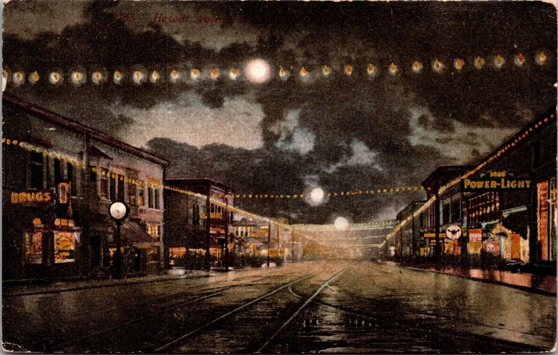 Postcard Hewitt Avenue at Night in Everett, Washington Power-Light & Drug Store