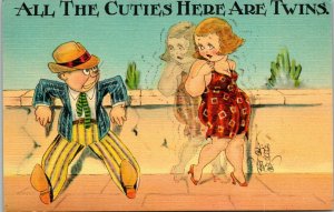 Vintage Linen Comics Postcard Humor Drunk Double Vision UNUSED