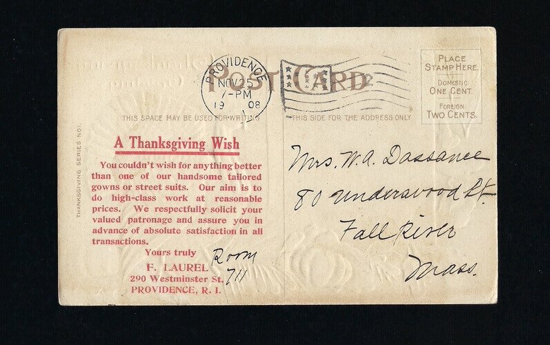 c1908 Happy Thanksgiving Providence RI Laurel Tailor Advertisement Ad Postcard