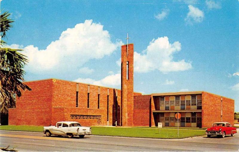 McAllen Texas birds eye view First Christian Church vintage pc Z21759