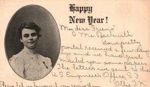 Vintage Postcard 1908 Happy New Year Holiday Woman Portrait 1 Cent