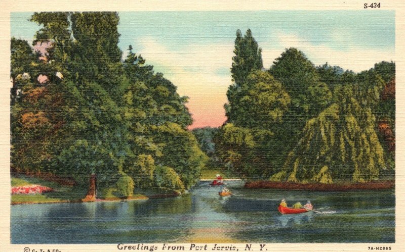 Vintage Postcard Greetings From Port Jervis New York NY Lake Boating Adventure