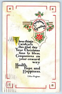 Christmas Postcard Greeting Holly Berries Poinsettia Flowers Embossed 1915