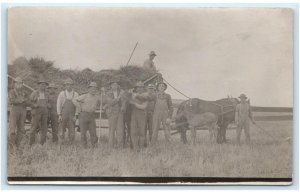 RPPC ~ 11 FARMERS in OVERALLS ~ Hay Wagon ~ c1910s Unknown Location Postcard