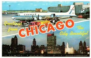 Chicagos Outstanding Night Skyline and Airport Airport Postcard Posted 1958