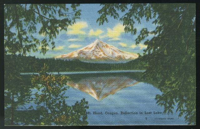 OR Mt Hood Oregon Reflection in Lost Lake Vintage Linen Unused Postcard