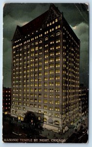 1913 Chicago Illinois Vintage Postcard Masonic Temple Night Building Streetcar