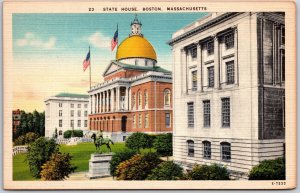Boston Massachusetts MA, State House Building, Statue, Flags, Vintage Postcard
