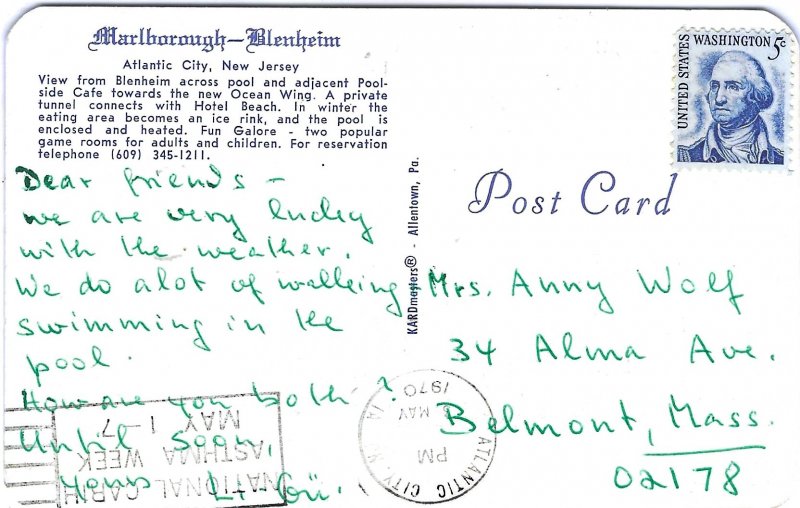 Marlborough Blenheim Hotel, Atlantic City, New Jersey, postcard