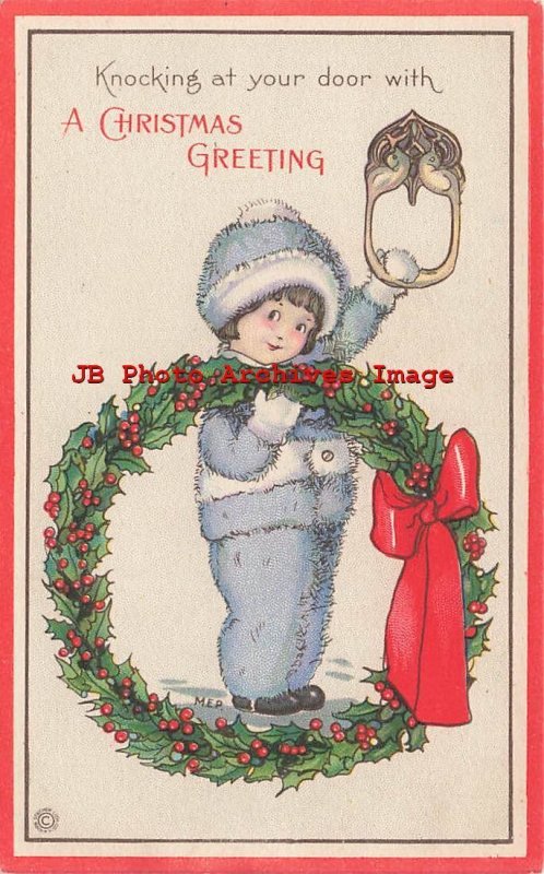 Christmas, Stecher No 738 F, Mary Evans Price, Angora Twinnie at Door, Wreath