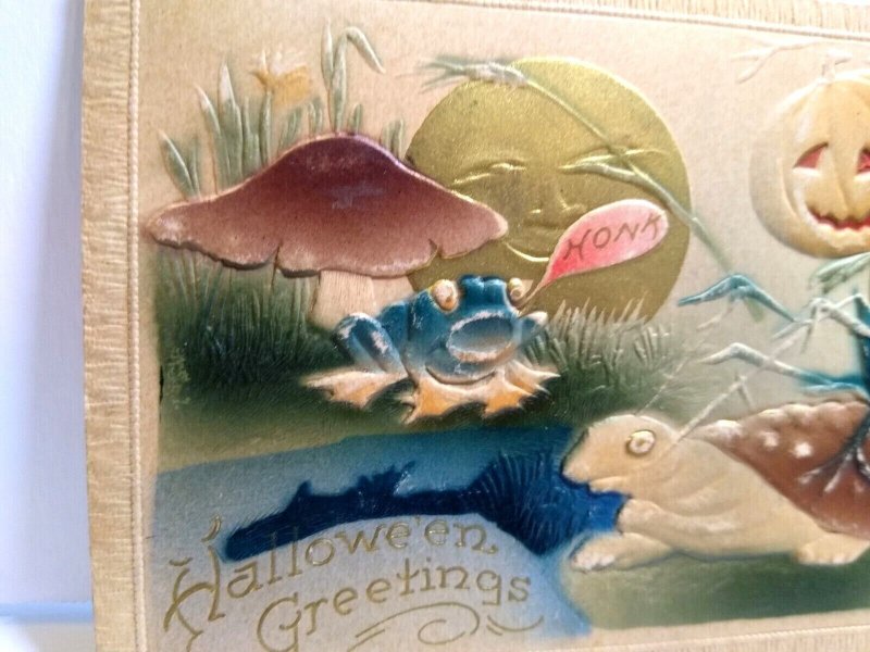 Halloween Postcard Fantasy Turtle Owl Frog Moon Goblin Honk Mushroom Pond 1911 