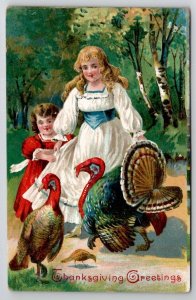 Thanksgiving Greetings Victorian Children With Turkey Postcard V22