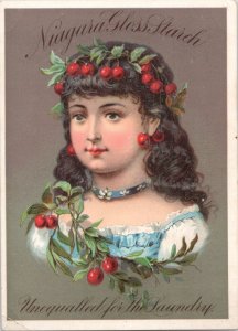 AMIDO BRILHANTE NIAGRA - Cartão comercial vitoriano antigo - Menina adornada com cerejas-