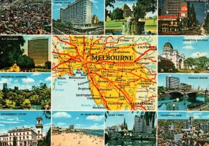 VINTAGE CONTINENTAL SIZE POSTCARD MELBOURNE AUSTRALIA MAP 1972