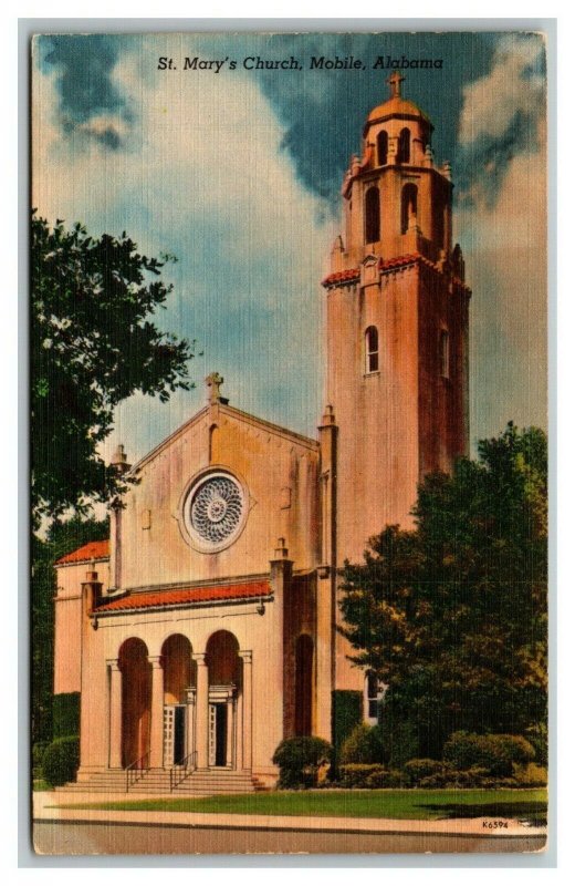 Vintage 1940's Postcard St. Mary's Catholic Church Old Shell Rd Mobile Alabama