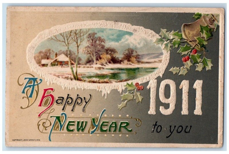 1911 Happy New Year Berries Bell House Winter John Winsch Artist Signed Postcard