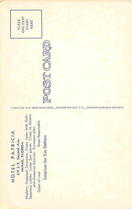Hotel Patricia Miami Florida linen postcard
