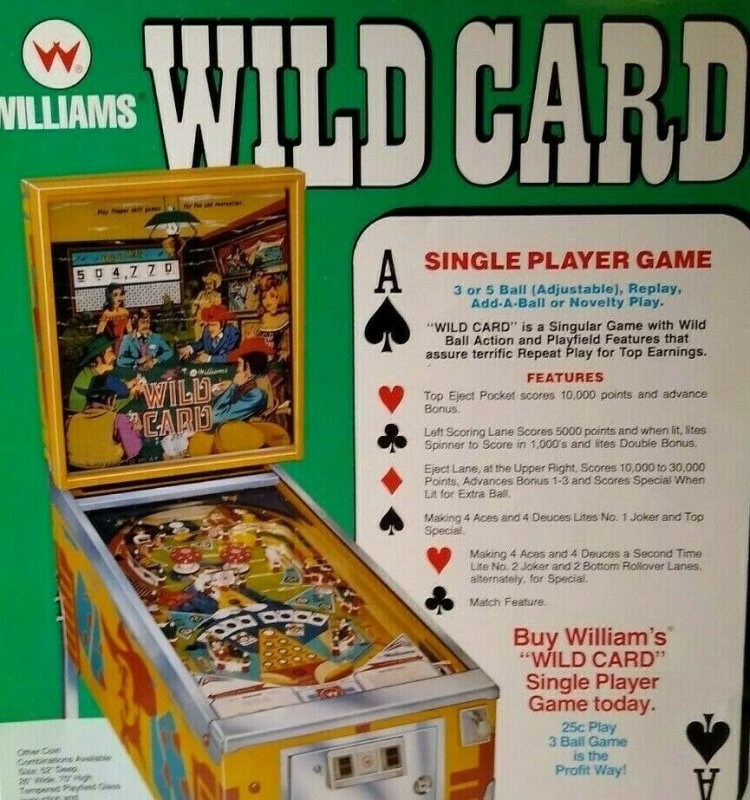 Wild Card Pinball Machine Flyer Vintage 1977 Original 8.5 x 11 Retro Game Art