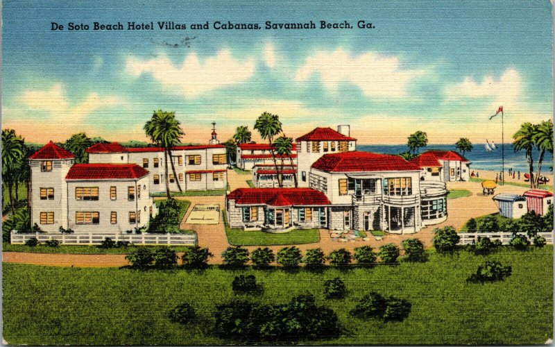 Vtg Savannah Georgia GA De Soto Beach Hotel and Cabanas 1940s Linen Postcard