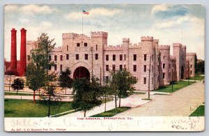 Springfield Illinois~Arsenal Bldg~Turrets~Flag~VO Hammon PM 1906 UDB Postcard