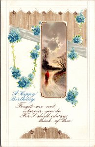 Postcard A Happy Birthday person walking country path forget me not B.B. London