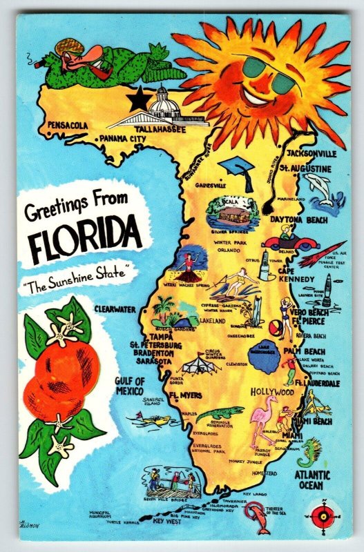 Greetings From Florida Postcard Map Chrome Sunshine State Flamingo Beach Gulf
