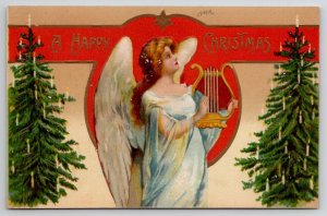 Christmas Angel With Harp And Trees Postcard U26