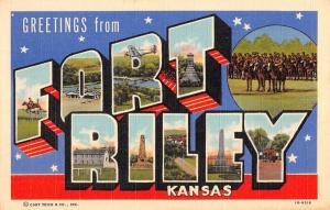 Fort Riley Kansas Large Letter Linen Antique Postcard K61728