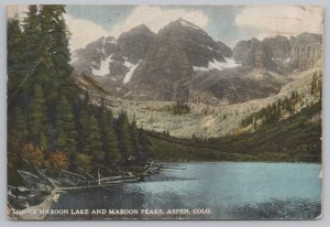 Lower Maroon Lake & Peaks CO~Snow Kissed Mtns~Boats On Water~Photochrom~Vtg PC