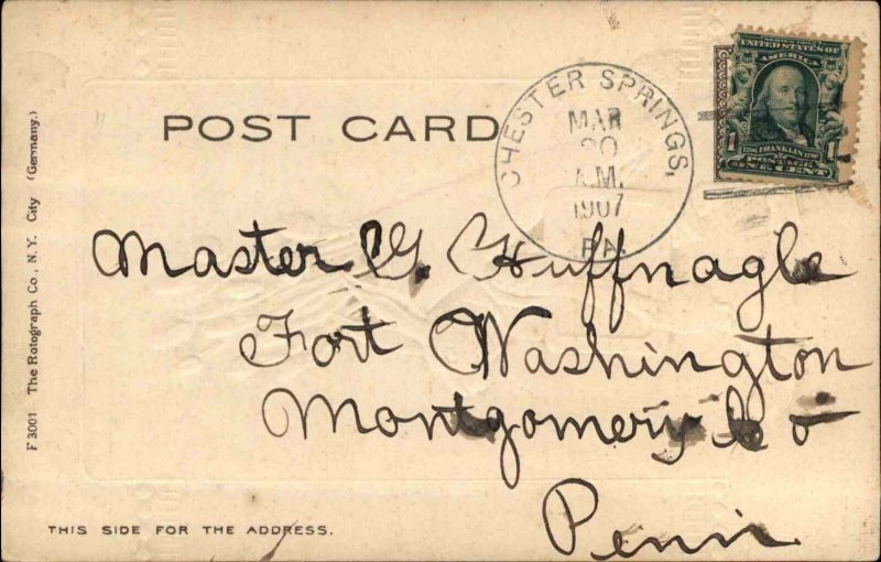 Easter Fantasy Schoolboy Rabbit Pussy Willows Slate c1910 Postcard