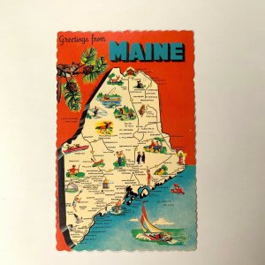 Postcard Maine ME Map Landmarks Cartoon Deckled Edge 1960s Chrome Unposted