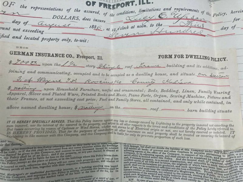 Antique 1886 German Insurance Company Freeport Ilinois Warsaw Indiana Contract 