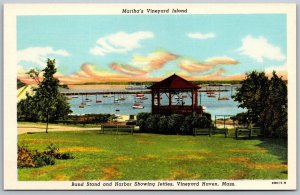 Vtg Vineyard Haven Massachusetts MA Band Stand & Harbor Showing Jetties Postcard