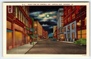 Night Time On Campbell Ave Looking East Roanoke Virginia Postcard Linen Unused