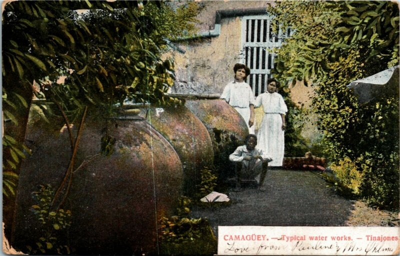 Postcard Cuba Camaguey Typical Water Works Children 1910 M49