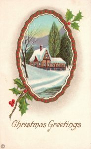 Vintage Postcard 1920's Christmas Greetings Landscape Design Holiday Greeting