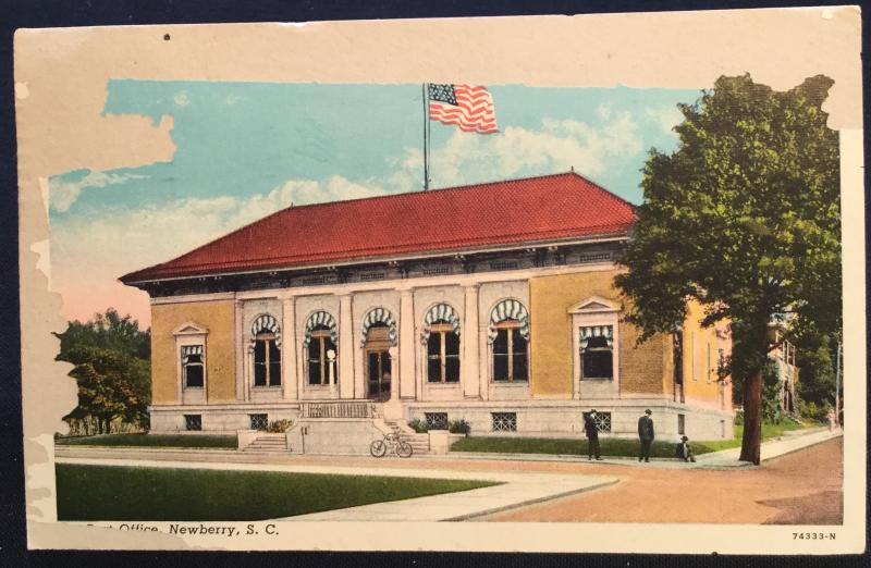 Postcard Used w/Fault Post Office Newberry SC LB