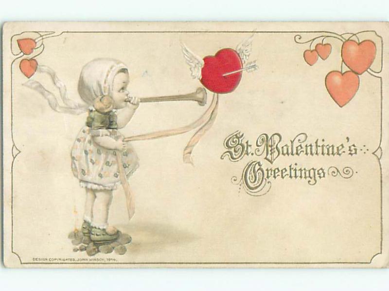 Pre-Linen valentine GIRL BLOWS HORN BESIDE PIERCED HEART J1063