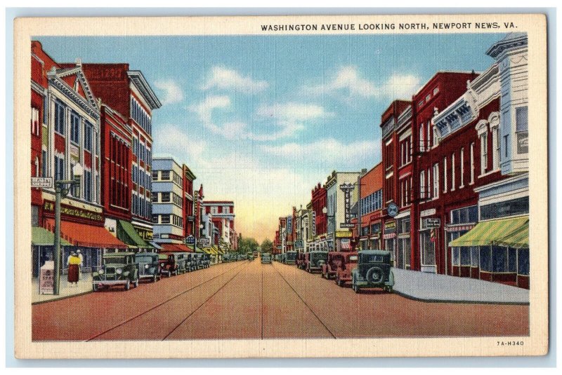 c1950s Car Parked at Washington Avenue Looking North Newport News VA Postcard