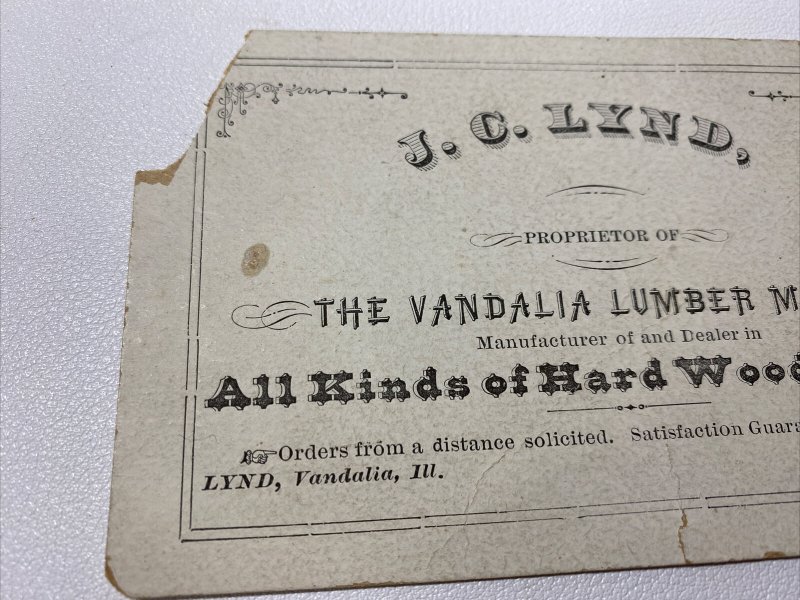 1880s Vandalia Lumber Mills J C Lynd Vandalia IL Illinois Business Card Ad