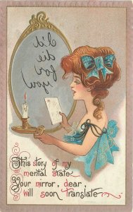 Postcard C-1910 Pretty woman in front of mirror greeting 23-12514